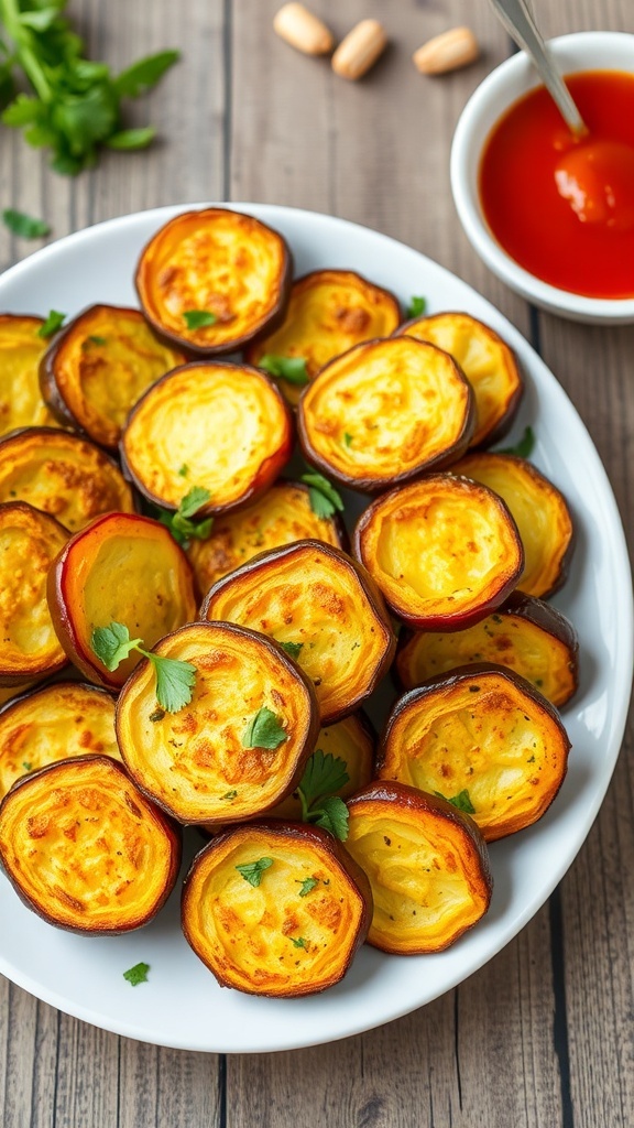 Crispy Baked Yellow Squash Recipe Crispy baked yellow squash rounds on a plate, garnished with herbs and served with marinara sauce.
